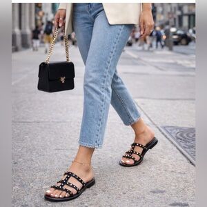 Studded Black Patent Slide Sandals